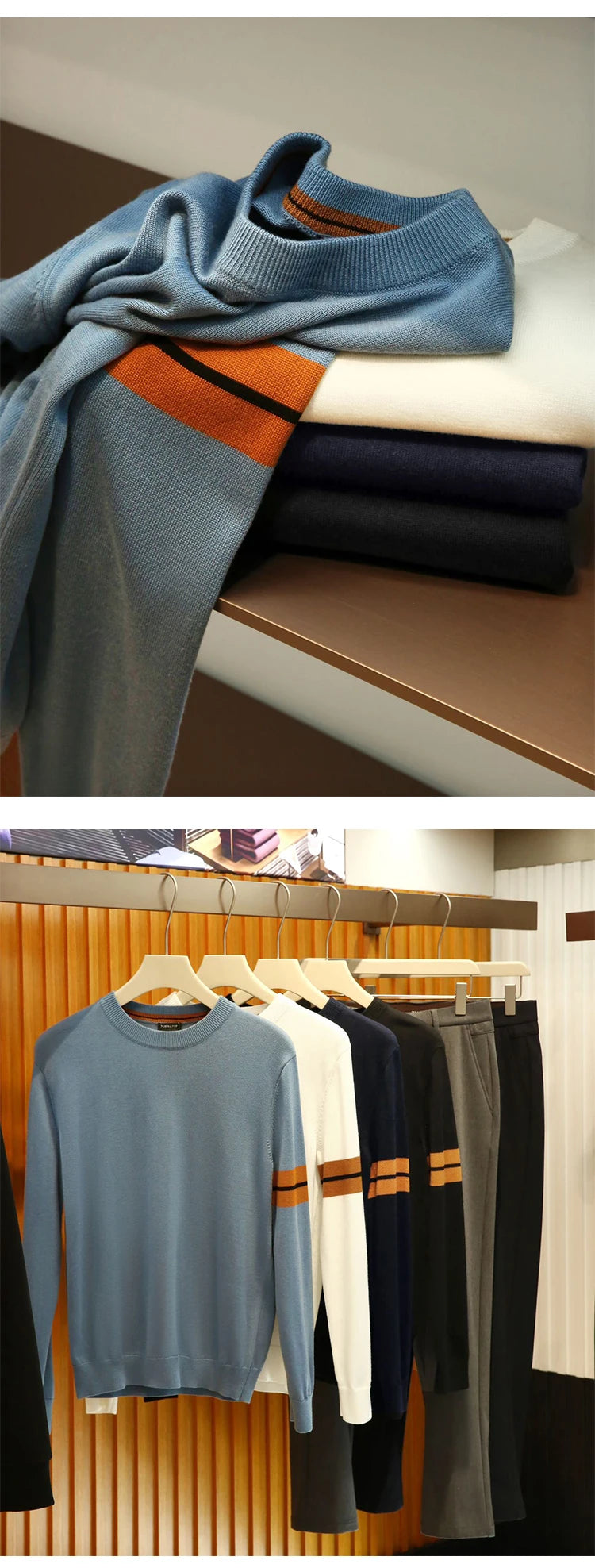 ZZ series classic Italian light luxury, spring and autumn wool blended men's crew neck knitted sweater anti-pilling sweater