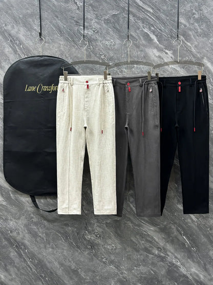 Kiton summer simple and versatile elastic waistband tied rope straight tube linen casual pants