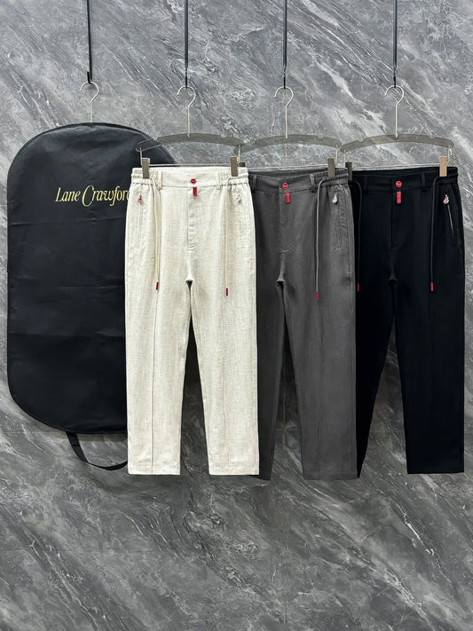 Kiton summer simple and versatile elastic waistband tied rope straight tube linen casual pants