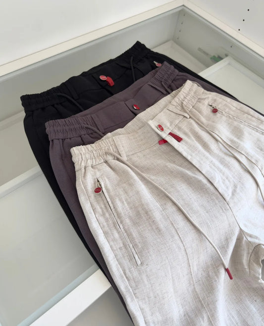 Italian Kiton vintage style summer high version elastic waist straight leg linen casual pants