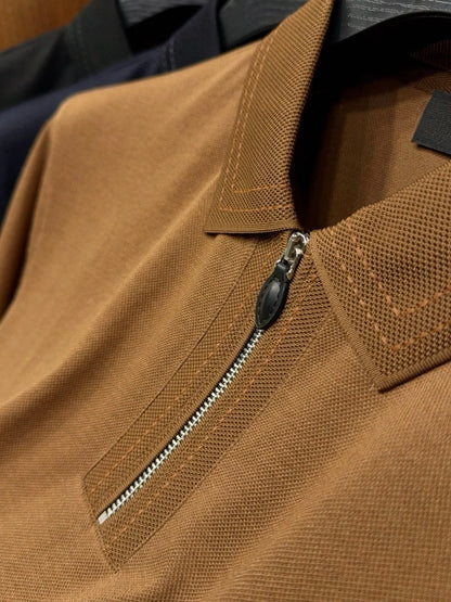 LP old money style light luxury summer cotton mixed linen lapel half zipper short sleeved minimalist business casual polo shirt