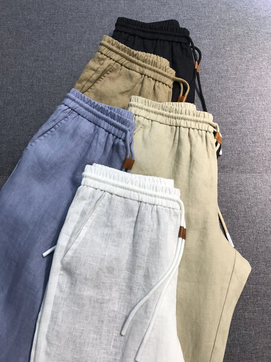 LP old money style light luxury summer pure linen elastic waist tied rope small straight leg casual pants