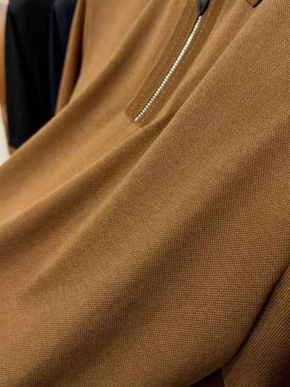 LP old money style light luxury summer cotton mixed linen lapel half zipper short sleeved minimalist business casual polo shirt