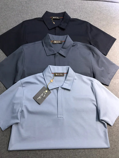 Italian LP European and American light luxury men's mulberry silk mixed cotton lapel short sleeved simple casual polo shirt