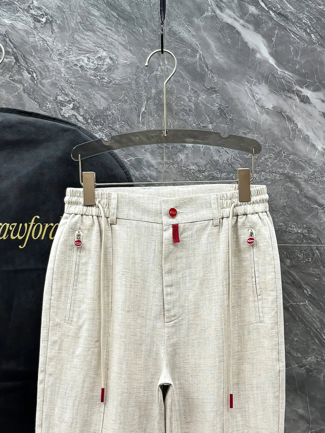 Kiton summer simple and versatile elastic waistband tied rope straight tube linen casual pants