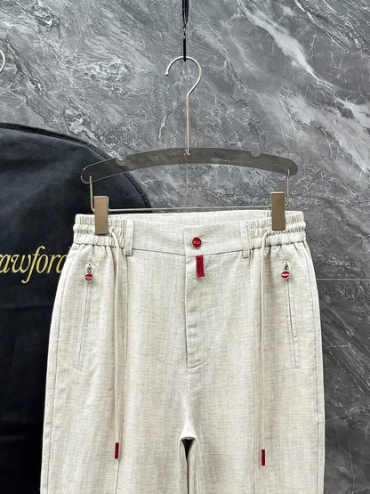 Kiton summer simple and versatile elastic waistband tied rope straight tube linen casual pants