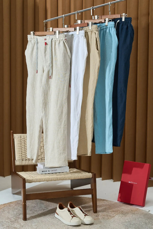 Italian Kiton vintage style summer linen elastic waist straight leg casual pants