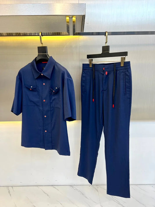 2025 summer new kiton men's lapel short-sleeved shirt simple fashion casual pants shirt set