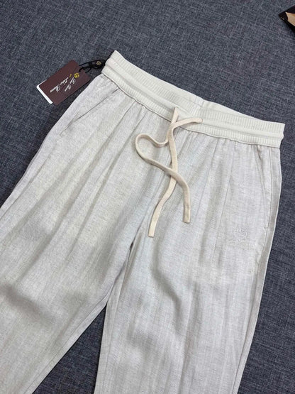Italian old money style European and American light luxury linen Tencel elastic waist tether straight casual pants