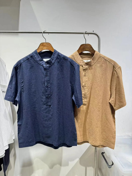 100% linen summer relaxation, loose and versatile breathable casual short-sleeved shirt