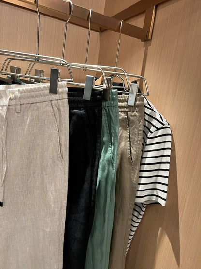European and American light luxury LP men's summer pure linen elastic waist tether small straight casual pants