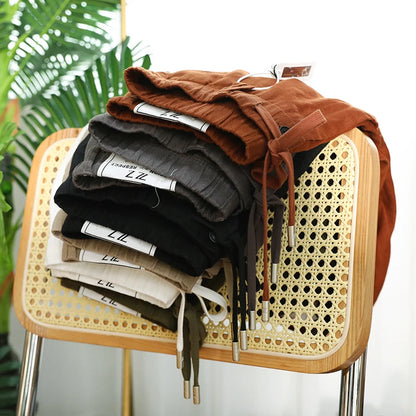 Linen shorts men's summer thin cool middle pants straight loose solid color Japanese retro casual five-point pants