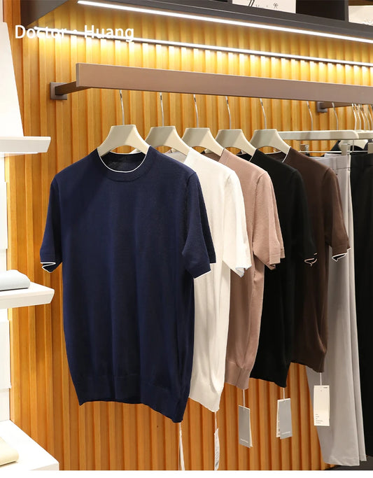 2025 summer new men's urban commuting solid color Tencel mulberry silk blended cool knitted short-sleeved T-shirt