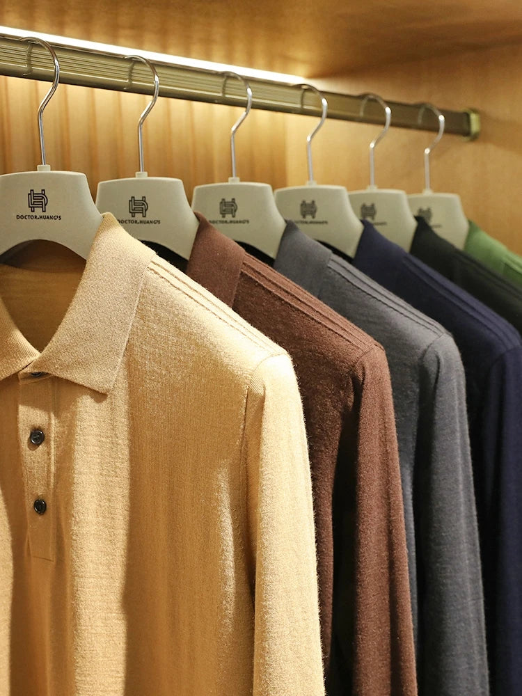 Spring Fashion Business Casual Wool Knitted Sweater Solid Color Long Sleeve POLO Shirt