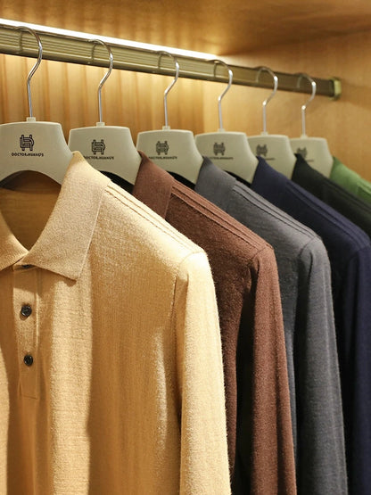 Spring Fashion Business Casual Wool Knitted Sweater Solid Color Long Sleeve POLO Shirt