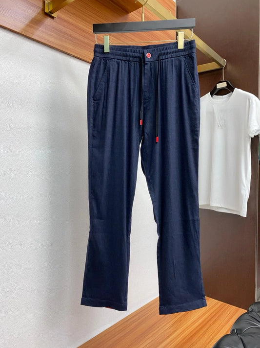 Italian Kiton cotton and linen light elastic waist tether straight casual pants