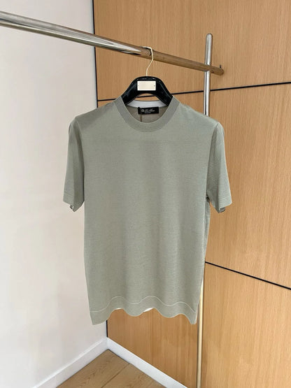 Italian LP Men's Spring/Summer New Collection Wool Sand Thread Cotton Simple Fashion Round Neck Knitted Short Sleeve T-shirt