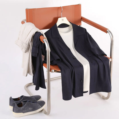 2025 summer new men's high-end old money style linen short-sleeved shirt set lazy style two-piece set