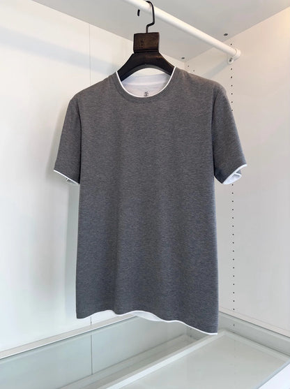 Italy BC men's clothing summer new crew neck bottoming shirt, fake two solid color old money style men's short-sleeved T-shirt