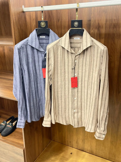 Kiton spring and summer new 100% linen striped simple casual men's long-sleeved shirt