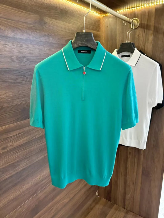 Italian kiton European and American light luxury men's spring and summer wool blended half-zipper lapel short-sleeved polo shirt