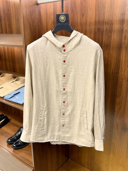 Italian Kiton Old Money Wind Summer High Version Pure Linen Windproof Sunscreen Casual Hooded Shirt Thin Jacket Men and Women