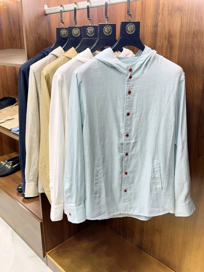 Italian Kiton Old Money Wind Summer High Version Pure Linen Windproof Sunscreen Casual Hooded Shirt Thin Jacket Men and Women