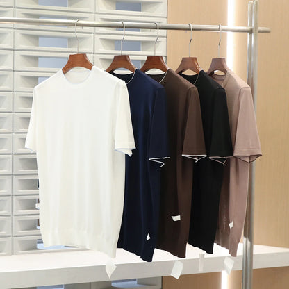 2025 summer new men's urban commuting solid color Tencel mulberry silk blended cool knitted short-sleeved T-shirt