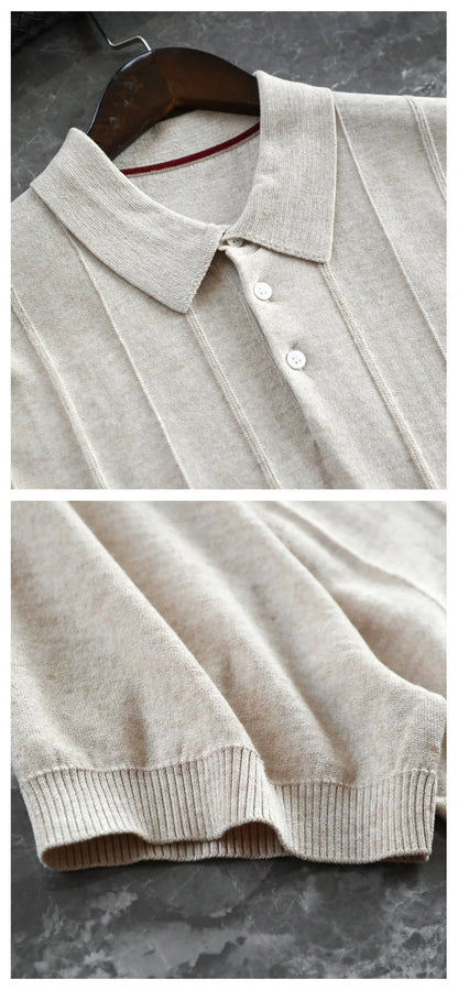 Low key and high texture, Lyocell wool blended LP knitted sweater casual lapel short-sleeved T-shirt polo shirt
