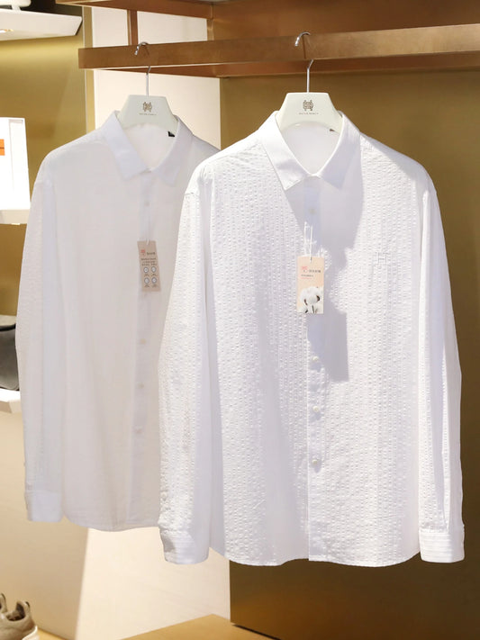 2025 spring and summer new men's high-end white light luxury temperament seersucker cotton long-sleeved shirt 1035