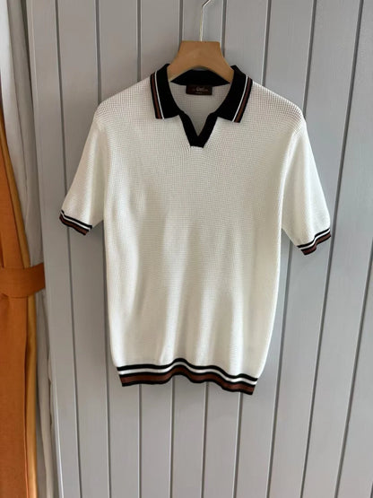Italian style old money style light luxury 25 summer goat velvet mulberry silk sea collar short sleeved casual polo shirt