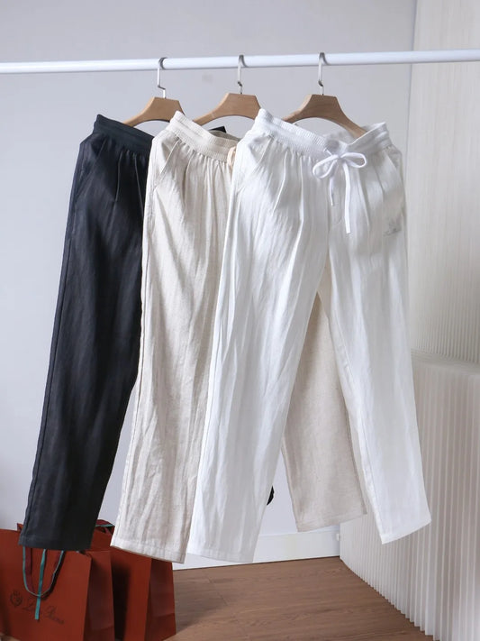 Italian LP old money style simple summer Tencel linen straight tube drawstring elastic waist casual pants