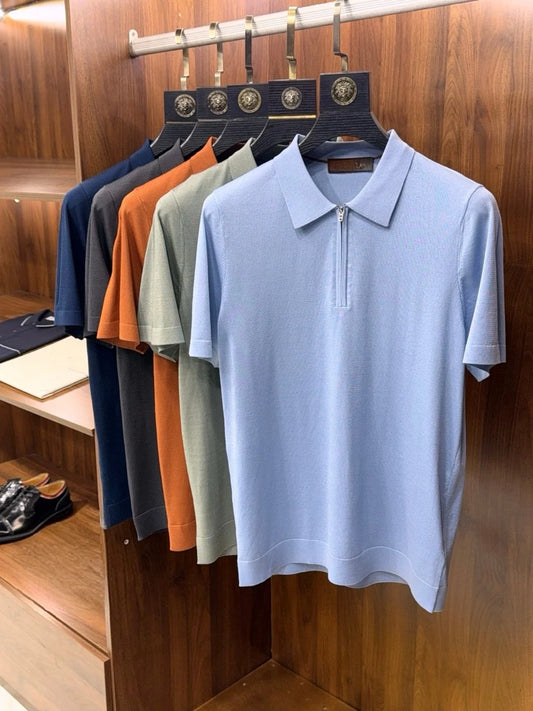 Italian old money style men's summer mulberry silk mixed lyocell lapel half zipper business casual short-sleeved polo shirt