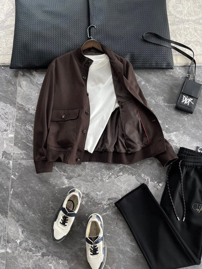 BC old money style, Lyocell wool, classic multi-pocket business casual stand-up collar jacket