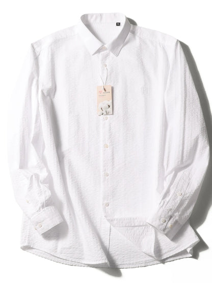 2025 spring and summer new men's high-end white light luxury temperament seersucker cotton long-sleeved shirt 1035