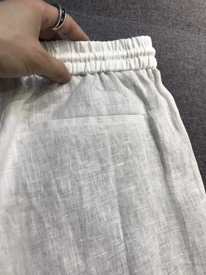 LP old money style light luxury summer pure linen elastic waist tied rope small straight leg casual pants