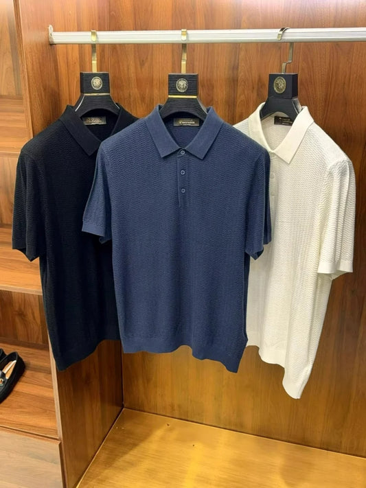 Italian LP light luxury men's clothing 25 summer high version mulberry silk mixed cashmere lapel short-sleeved casual polo shirt
