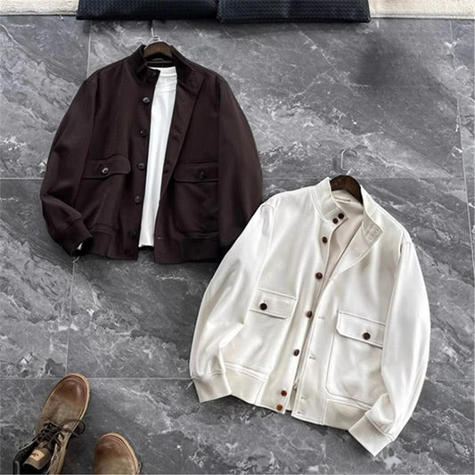 BC old money style, Lyocell wool, classic multi-pocket business casual stand-up collar jacket