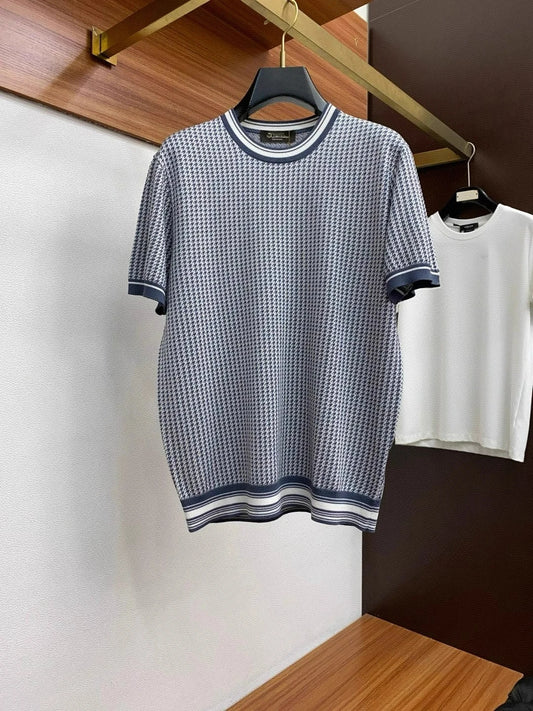Italian LP Old Money Style 25 Spring/Summer Thousand Bird Pattern Knitted Cotton Blended Round Neck Casual Short Sleeve T-shirt