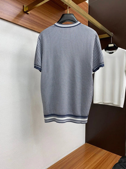 Italian LP Old Money Style 25 Spring/Summer Thousand Bird Pattern Knitted Cotton Blended Round Neck Casual Short Sleeve T-shirt