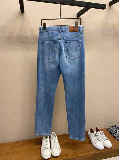 Italy BC men's spring and summer new washed blue micro-elastic breathable fashion casual old money wind small straight jeans