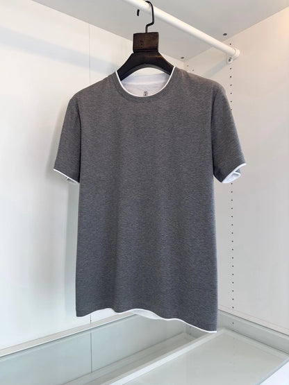 Italy BC men's clothing summer new crew neck bottoming shirt, fake two solid color old money style men's short-sleeved T-shirt