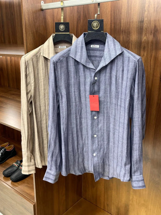 Kiton spring and summer new 100% linen striped simple casual men's long-sleeved shirt