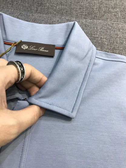 Italian LP European and American light luxury men's mulberry silk mixed cotton lapel short sleeved simple casual polo shirt