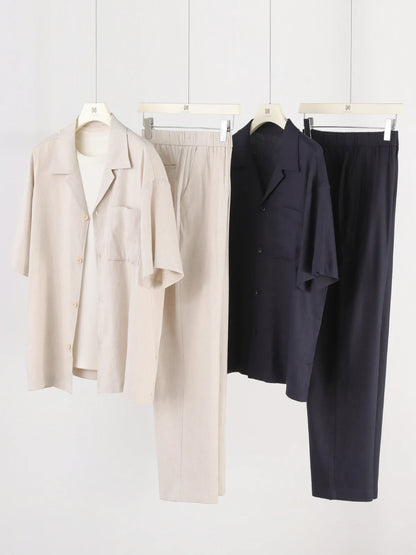 2025 summer new men's high-end old money style linen short-sleeved shirt set lazy style two-piece set