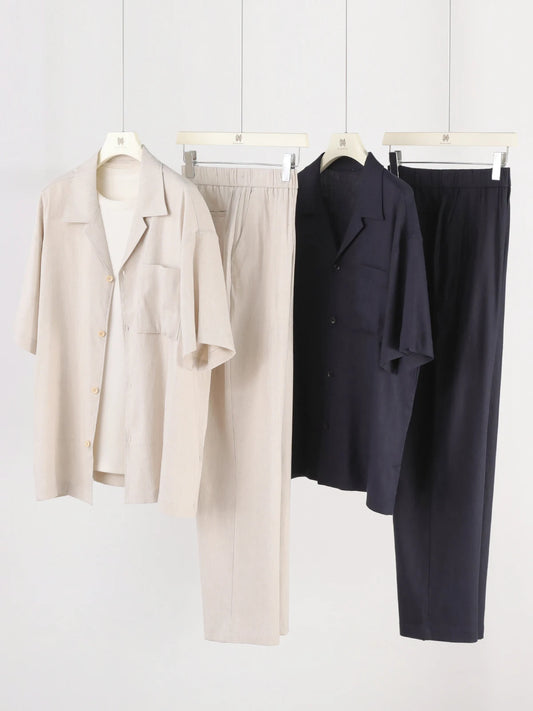 2025 summer new men's high-end old money style linen short-sleeved shirt set lazy style two-piece set