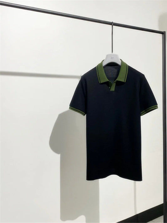 Contrast Color Design Business Casual 100% Cotton High Texture Lapel Short Sleeve T-Shirt Polo Shirt