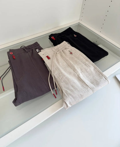 Italian Kiton vintage style summer high version elastic waist straight leg linen casual pants