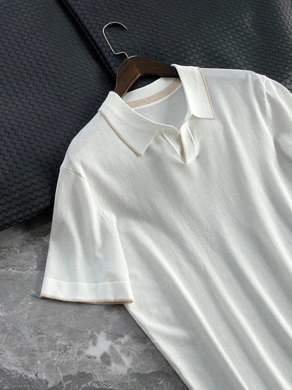 High-luxury business commuting, Lyocell + mulberry silk, simple elastic knitted casual lapel short-sleeved polo shirt