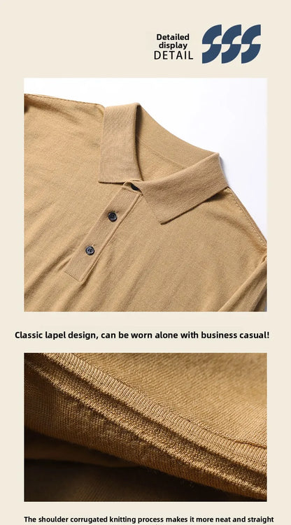 Spring Fashion Business Casual Wool Knitted Sweater Solid Color Long Sleeve POLO Shirt